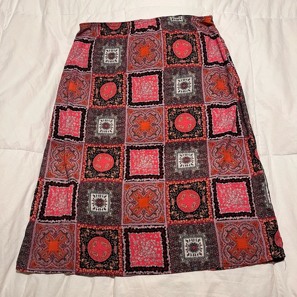 Vintage Y2K Pink, Black & Orange Bohemian Patchwork Midi A-Line, Skirt Size 14